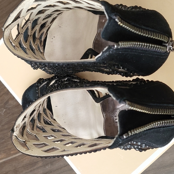 Michael Kors Yvoone Bootie caged rhinestones heels suede peep toe sandal 7.5 blk - Picture 7 of 16
